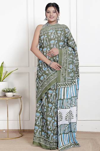 Women olive pure cotton printed bandhej ehtnic saree aay-72