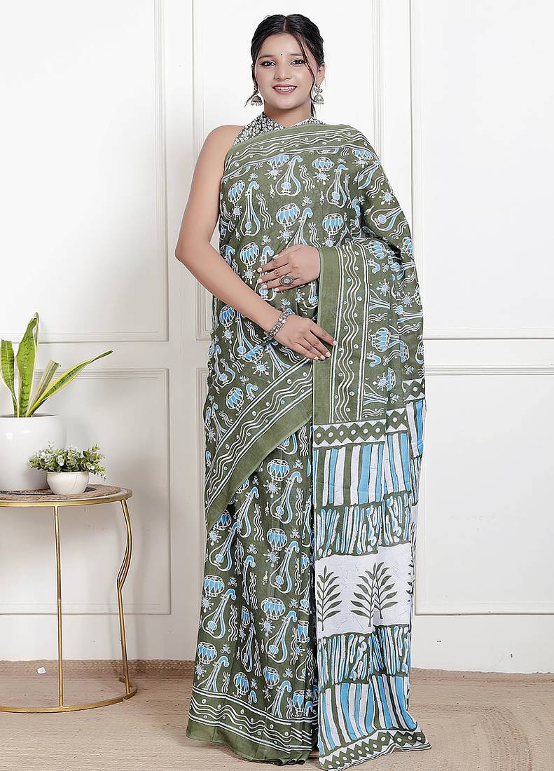 Women olive pure cotton printed bandhej ehtnic saree aay-72