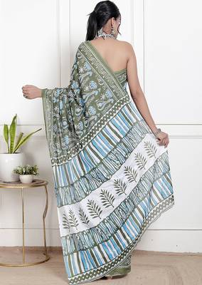 Women olive pure cotton printed bandhej ehtnic saree aay-72 2