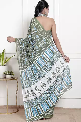 Women olive pure cotton printed bandhej ehtnic saree aay-72