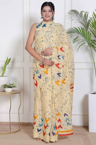 Women cream pure cotton printed bandhej ehtnic saree aay-73