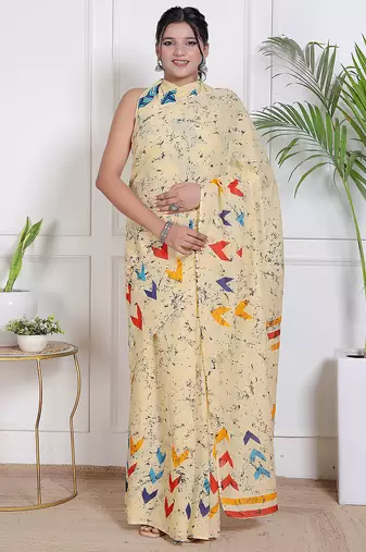 Women cream pure cotton printed bandhej ehtnic saree aay-73