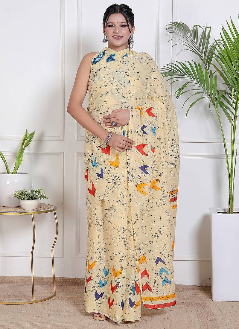 Women cream pure cotton printed bandhej ehtnic saree aay-73