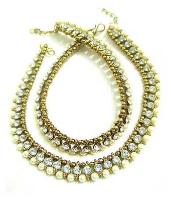 Designer Antique Gold Tone Plated Anklet Payal With Pearl Stone 1