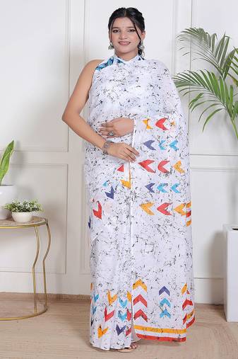 Women white pure cotton printed bandhej ehtnic saree aay-74