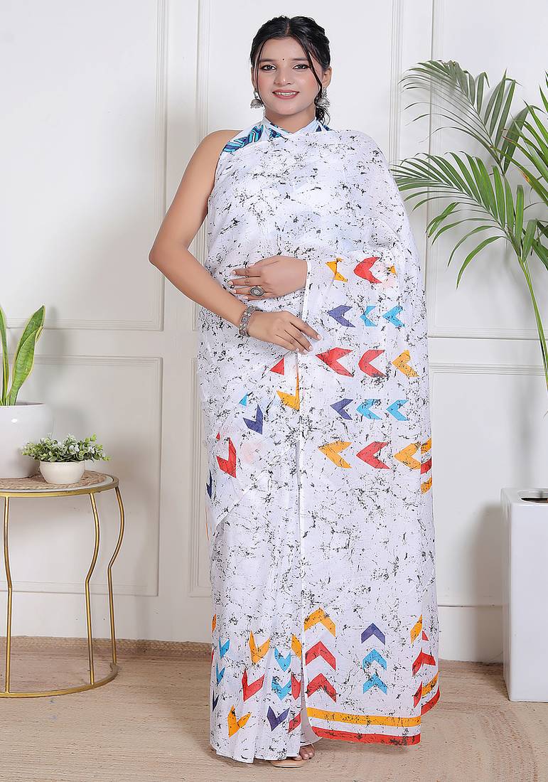 Women white pure cotton printed bandhej ehtnic saree aay-74