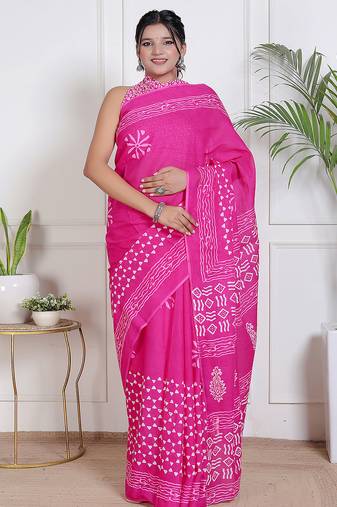 Women pink pure cotton printed bandhej ehtnic saree aay-75