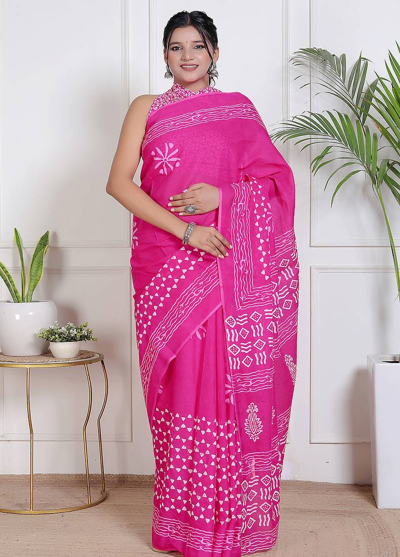 Women pink pure cotton printed bandhej ehtnic saree aay-75
