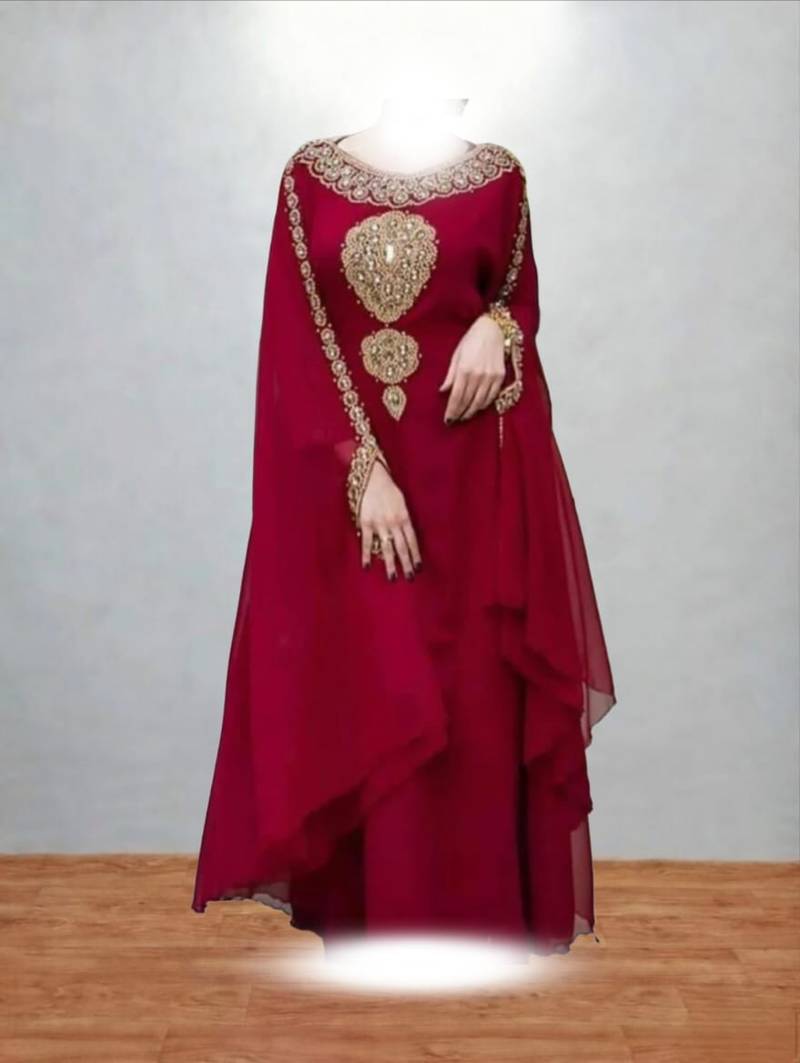 Luxurious Maroon Kaftan With Gold Work Stitched Dress