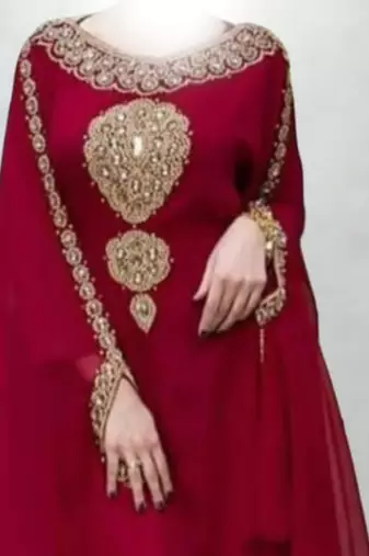 maroon georgette kaftan with gold hand embroidery