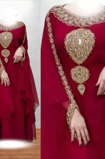 maroon georgette kaftan with gold hand embroidery