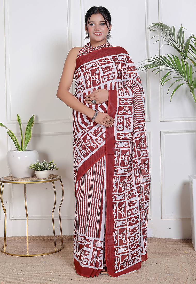 Women red pure cotton printed bandhej ehtnic saree aay-77