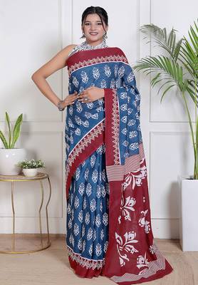 Women blue pure cotton printed bandhej ehtnic saree aay-78 1