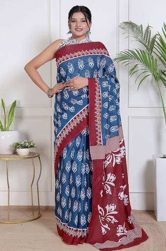Women blue pure cotton printed bandhej ehtnic saree aay-78