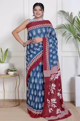Women blue pure cotton printed bandhej ehtnic saree aay-78