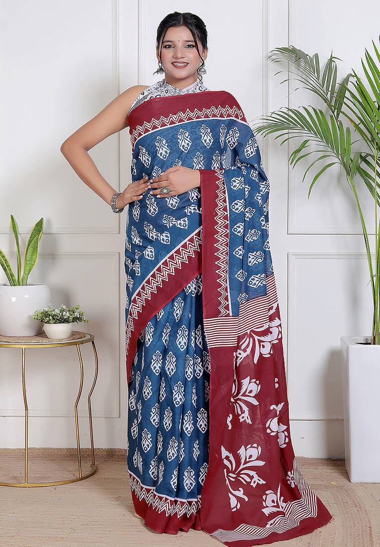 Women blue pure cotton printed bandhej ehtnic saree aay-78