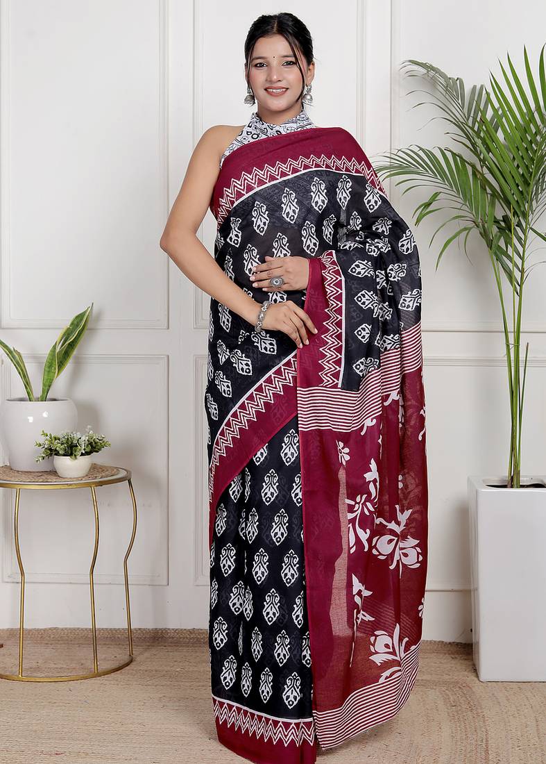 Women black pure cotton printed bandhej ehtnic saree aay-79