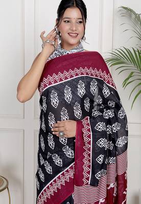 Women black pure cotton printed bandhej ehtnic saree aay-79 3