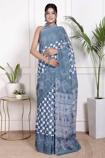 Women blue pure cotton printed bandhej ehtnic saree aay-80