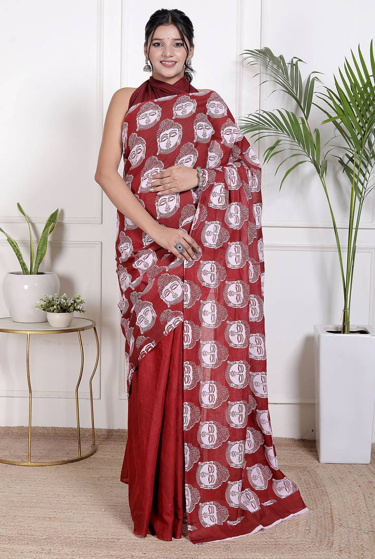 Women red pure cotton printed bandhej ehtnic saree aay-81