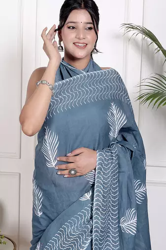 Women blue pure cotton printed bandhej ehtnic saree aay-82