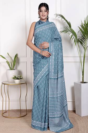 Women blue pure cotton printed bandhej ehtnic saree aay-83