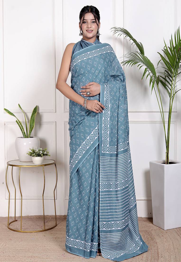 Women blue pure cotton printed bandhej ehtnic saree aay-83