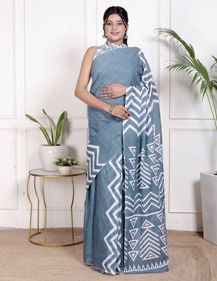 Women blue pure cotton printed bandhej ehtnic saree aay-84 1