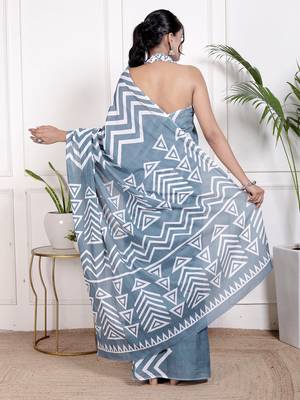 Women blue pure cotton printed bandhej ehtnic saree aay-84 2