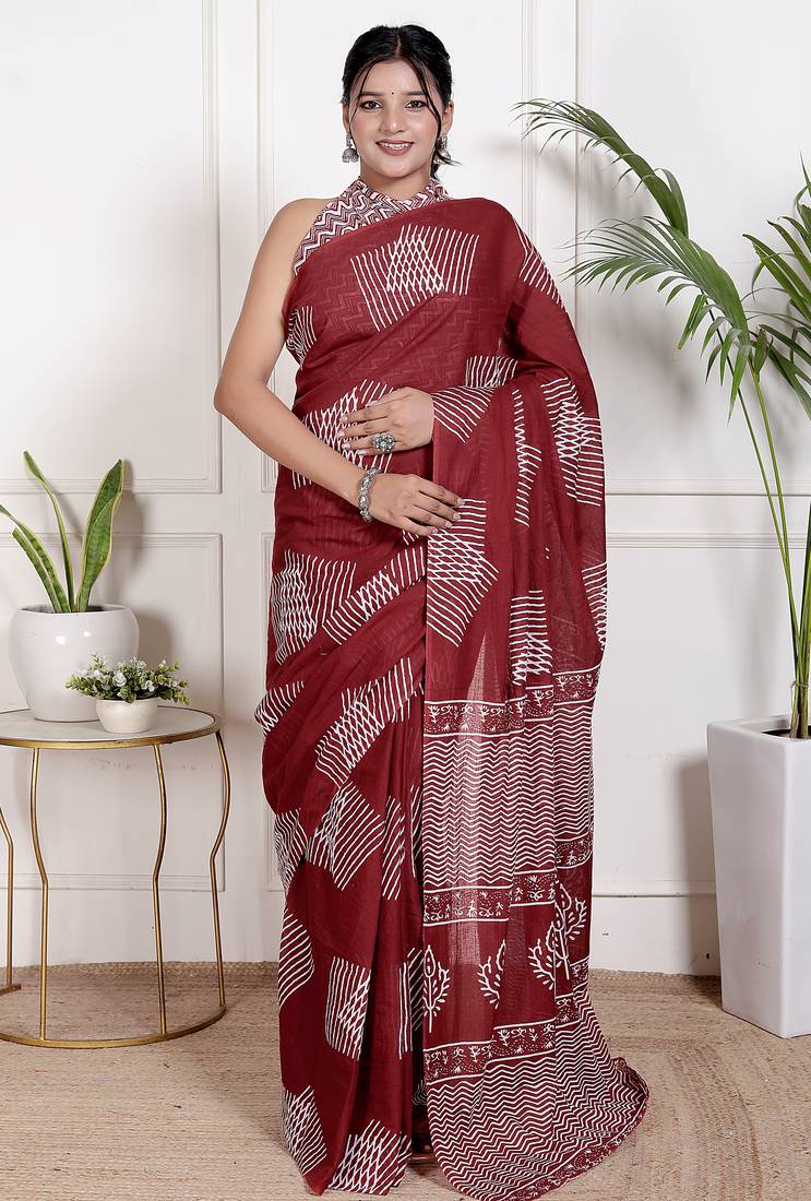 Women red pure cotton printed bandhej ehtnic saree aay-85