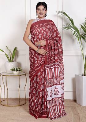 Women red pure cotton printed bandhej ehtnic saree aay-86 1