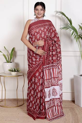 Women red pure cotton printed bandhej ehtnic saree aay-86