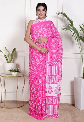 Women pink pure cotton printed bandhej ehtnic saree aay-87 1