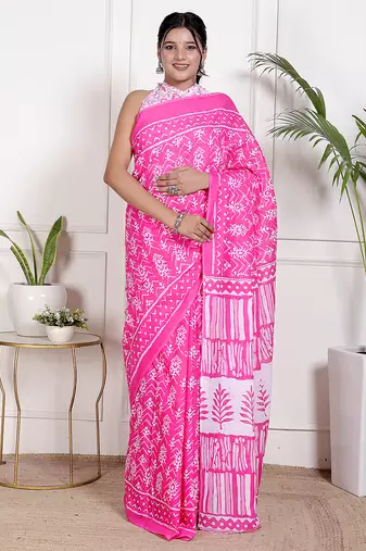 Women pink pure cotton printed bandhej ehtnic saree aay-87