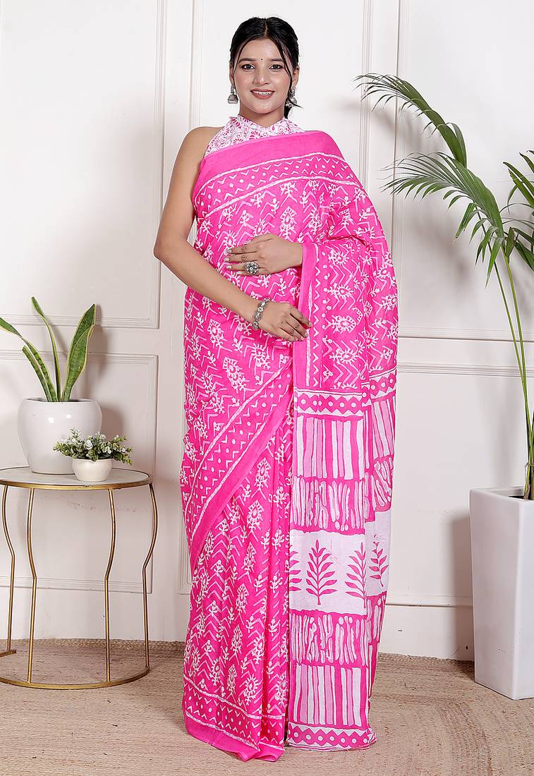 Women pink pure cotton printed bandhej ehtnic saree aay-87