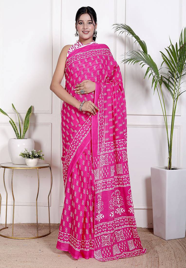 Women pink pure cotton printed bandhej ehtnic saree aay-88