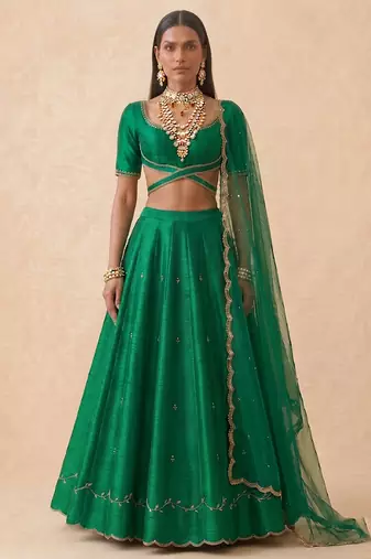 Emerald Green Embroidered Raw Silk Lehenga Set