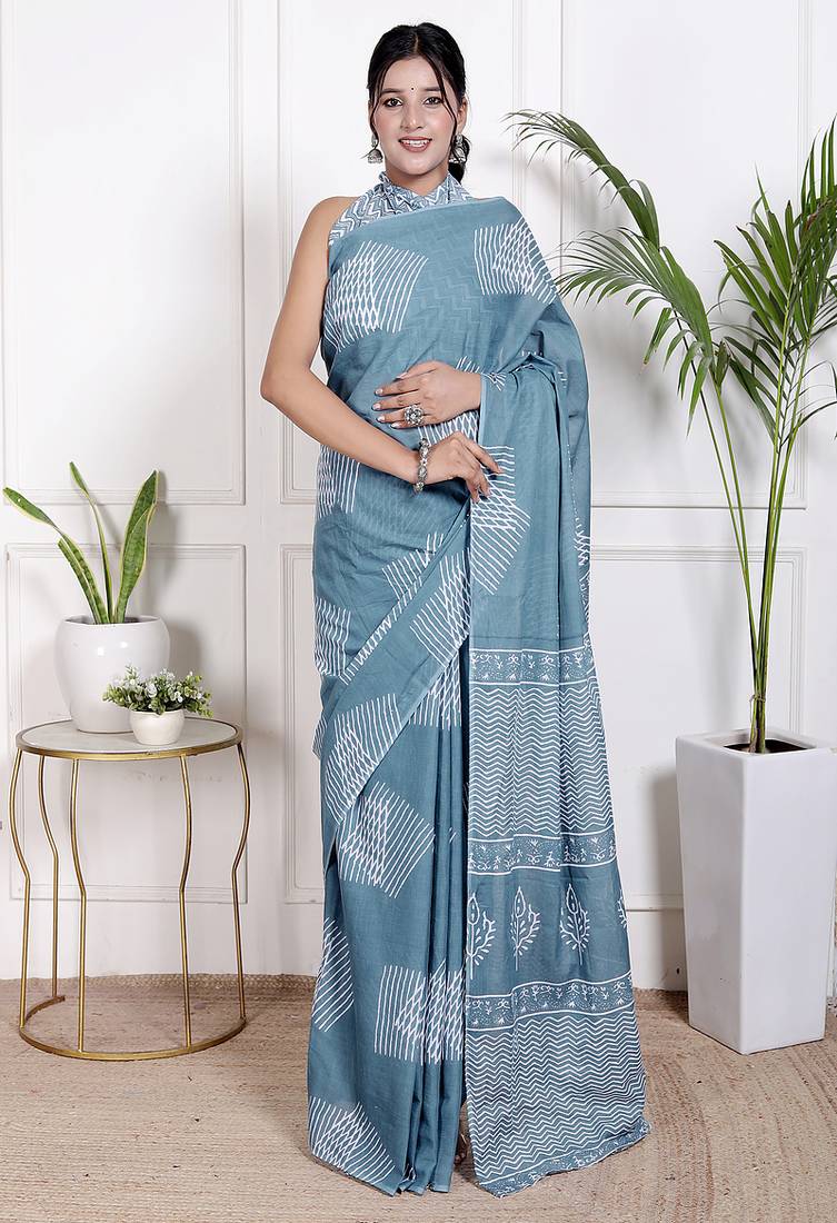 Women blue pure cotton printed bandhej ehtnic saree aay-89