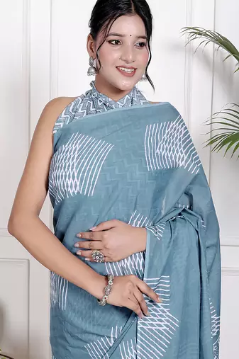 Women blue pure cotton printed bandhej ehtnic saree aay-89