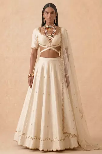 Ivory Embroidered Raw Silk Lehenga Set