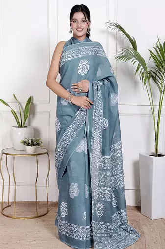 Women blue pure cotton printed bandhej ehtnic saree aay-90
