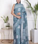 Women blue pure cotton printed bandhej ehtnic saree aay-90