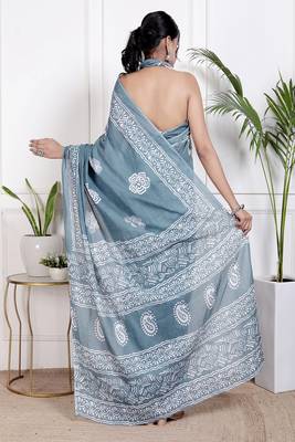 Women blue pure cotton printed bandhej ehtnic saree aay-90 2