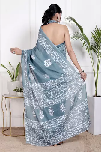 Women blue pure cotton printed bandhej ehtnic saree aay-90