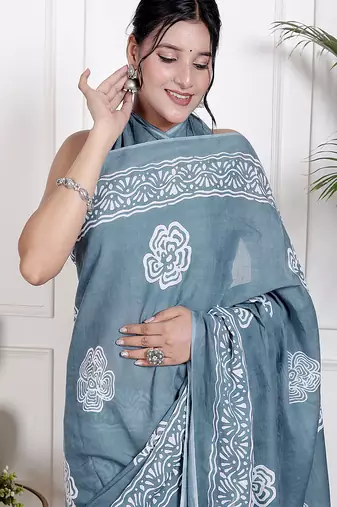 Women blue pure cotton printed bandhej ehtnic saree aay-90