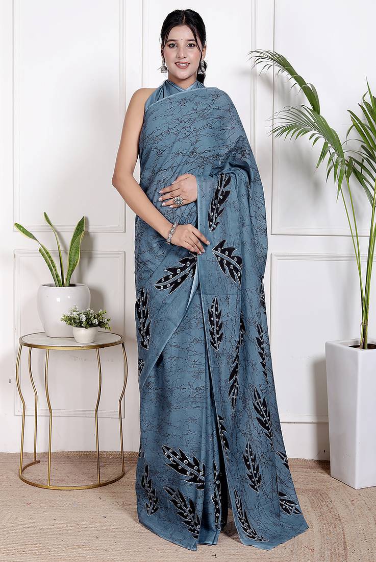 Women blue pure cotton printed bandhej ehtnic saree aay-92