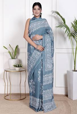 Women blue pure cotton printed bandhej ehtnic saree aay-93 1