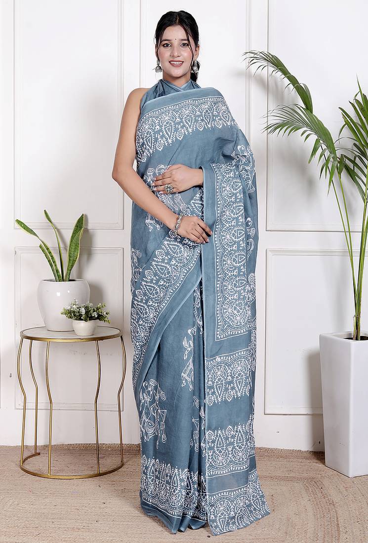 Women blue pure cotton printed bandhej ehtnic saree aay-93