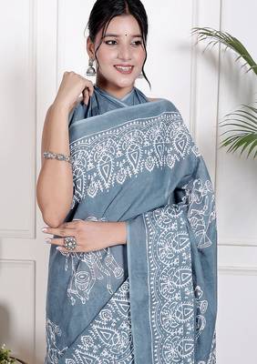 Women blue pure cotton printed bandhej ehtnic saree aay-93 3