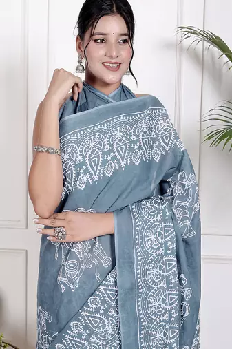 Women blue pure cotton printed bandhej ehtnic saree aay-93